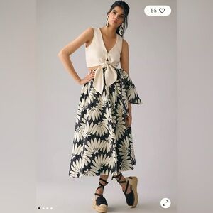 Anthropologie FARM Rio Black Midi Skirt with Cream Daisy Print